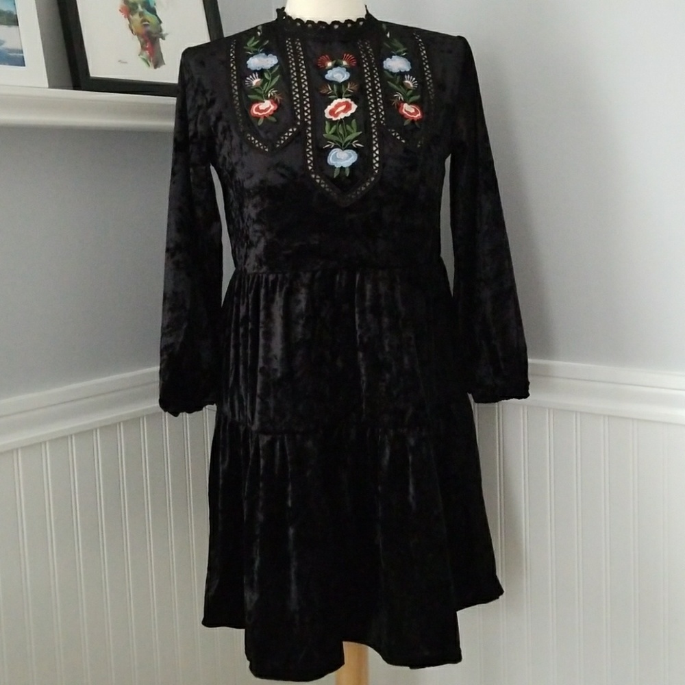Black Crushed Velvet Boho Hippie Dress